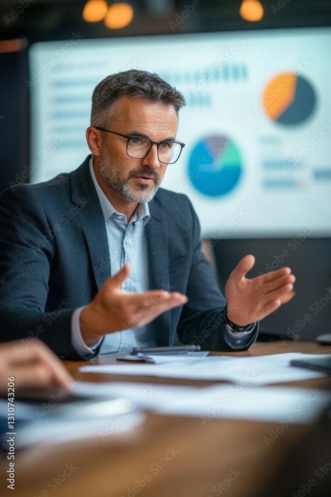 Poster a man in a suit is talking to someone in front of a large screen with graphs on