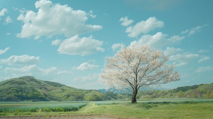 Obraz premium 孤独な桜の木と緑の風景7