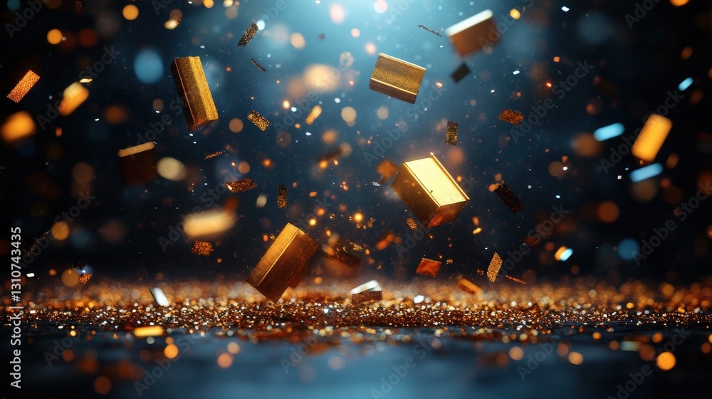 Poster impressive gold cube falling from the sky creating a unique visual effect against a clear sky backgr