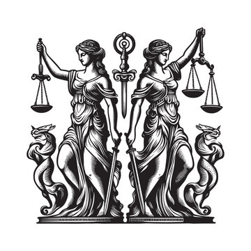Two stylized depictions of Justice with scales, sword, and serpe