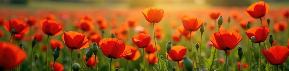 Fototapeta premium Red poppies spill across the ground in abundance, nature, floral arrangement, bloom