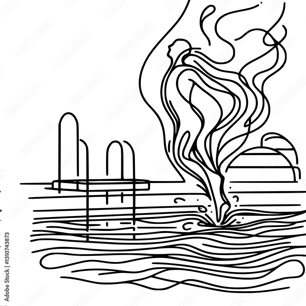 Poster linear simple kennel vector drawing of a man jumping into a swimming pool, with wavy lines represent