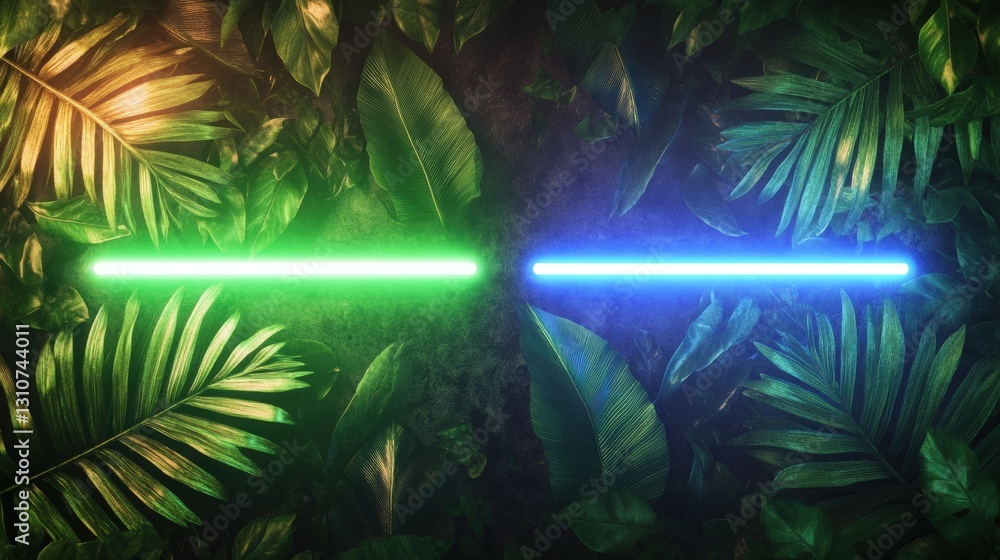 Poster futuristic green light saber illuminated in the dense jungle environment creating an exciting sci-fi