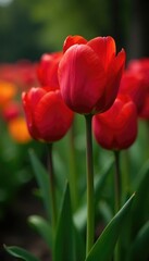 Red tulips with slender stems and dark green, pointed leaves, gardening, red tulips,