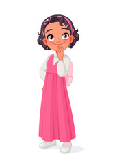 Curious Arab school girl in uniform thinking. Cartoon vector illustration.