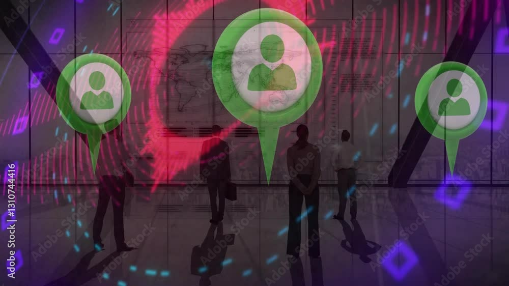 Poster people observing digital animation and abstract patterns in modern space