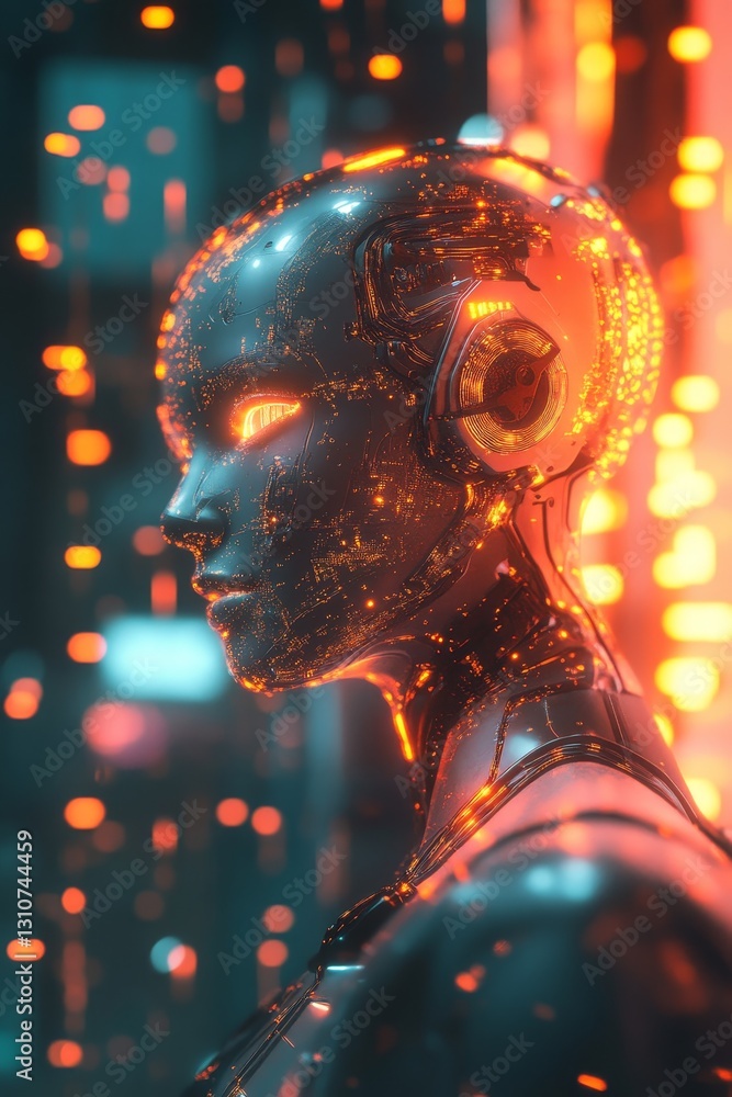 Aufkleber futuristic robot with glowing elements in a cyberpunk setting
