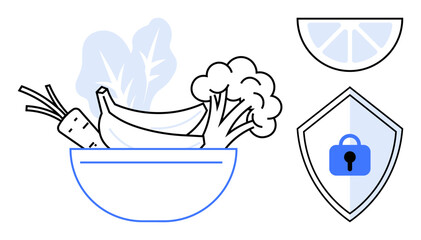 Bowl of carrots, bananas, broccoli, and leafy greens, a quarter lemon slice, and a lock on a shield. Ideal for health, nutrition, data security food safety wellness diet planning digital
