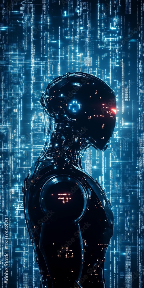 Poster futuristic cybernetic robot in a high-tech digital matrix environment