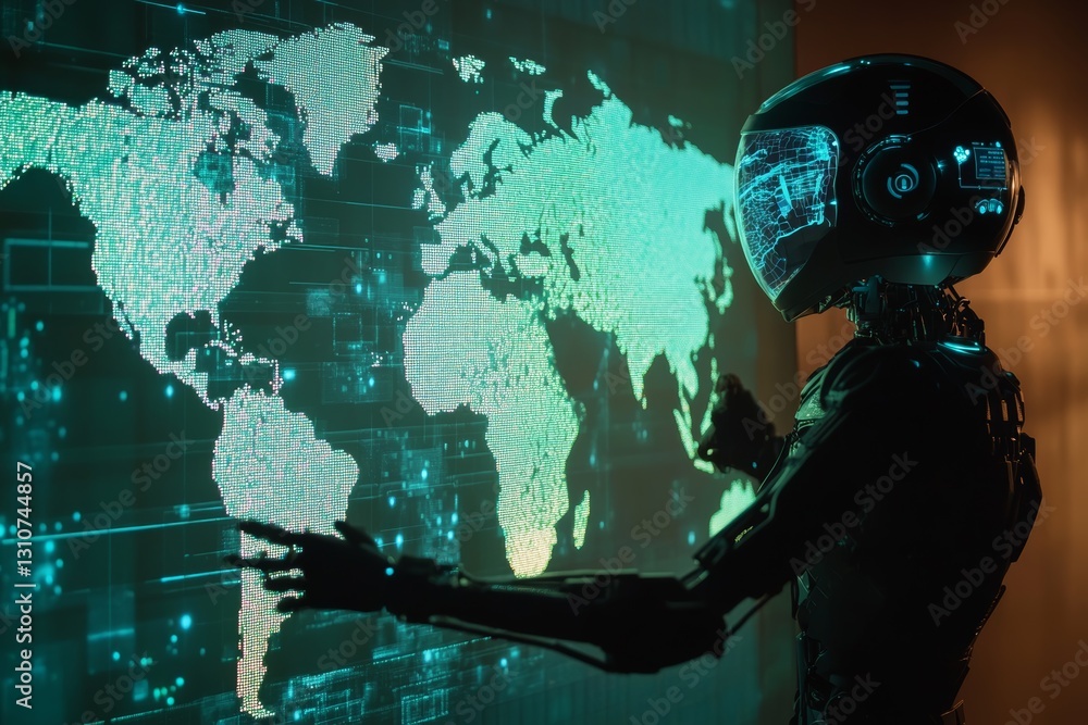 Poster futuristic robot analyzing global data on digital world map