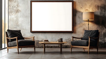 A photo of a large, blank white picture frame hanging on an empty wall in a living room. Two black and wood armchairs with a light wooden coffee table between them, 