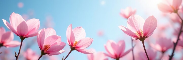 Fototapeta premium Soft pink petals against the backdrop of a blue sky, gentle, pink, peaceful