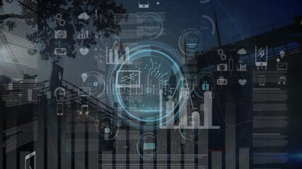 Digital security icons and data processing animation over urban landscape - Powered by Adobe