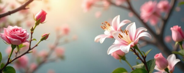 Soft pink roses and white lilies suspended in the air amidst branches, suspension, nature
