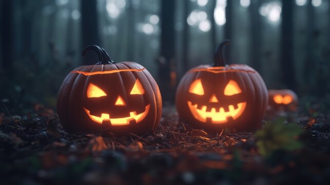 Two whimsically carved jack and jill pumpkins displaying unique designs with candle glow for halloween celebrations