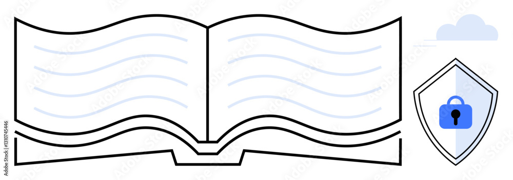 Poster open book with wavy lines and a lock on a shield, small cloud beside. ideal for data privacy, inform