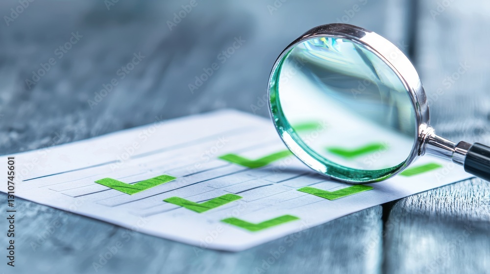 Poster checklist with green checkmarks being scrutinized under a magnifying glass for thoroughness
