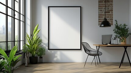 A photo of a large, blank, white picture frame hanging on an empty wall in the corner, with a modern desk and chair beside it. The walls are white, with a window to the left side. 