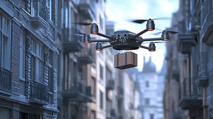 Drone Delivering Package Over Urban Streets with Modern Architecture Backdrop
