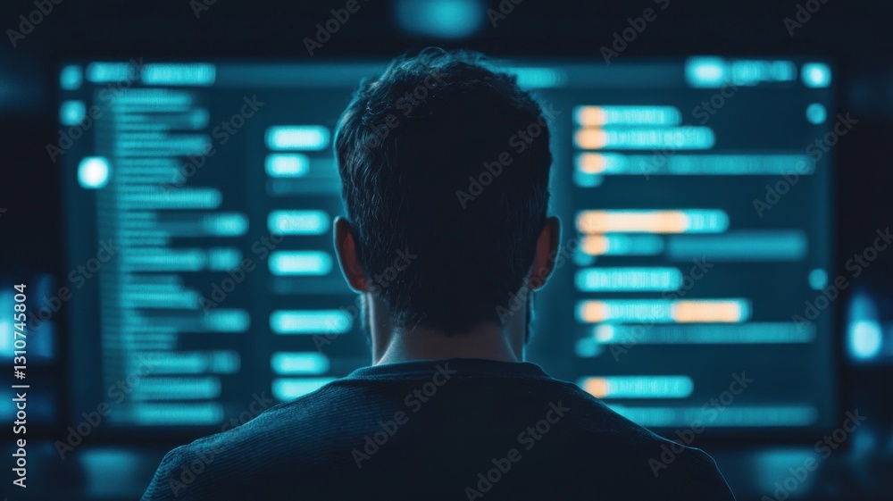 Poster cybersecurity monitoring data center digital interface tech environment close-up security awareness