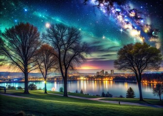 Fototapeta premium Night Sky Over Onondaga Park: Double Exposure Panoramic