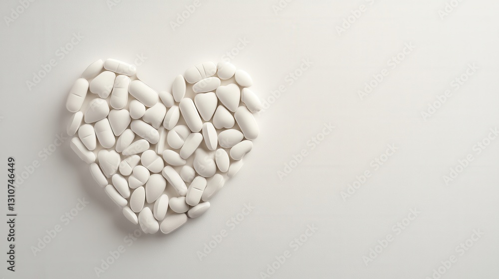 Poster heart shaped arrangement of pills and capsules on a minimalistic white background with soft lighting