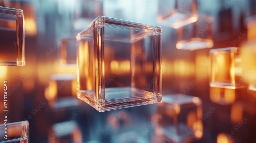 Poster transparent geometric cubes floating in an abstract background