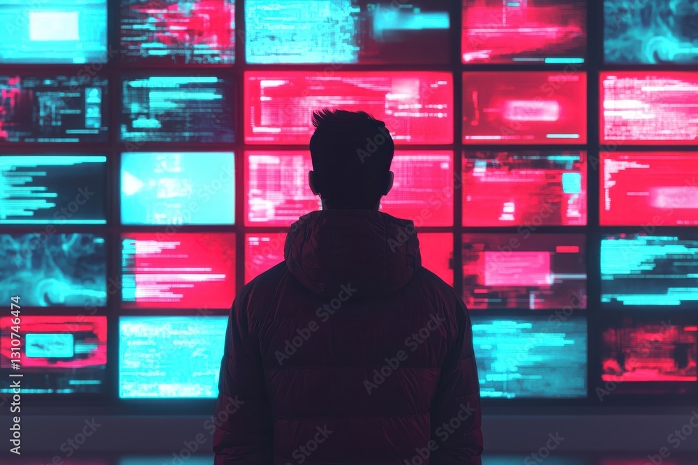 Poster data analysis visualization tech lab digital artwork futuristic environment rear view cybersecurity 