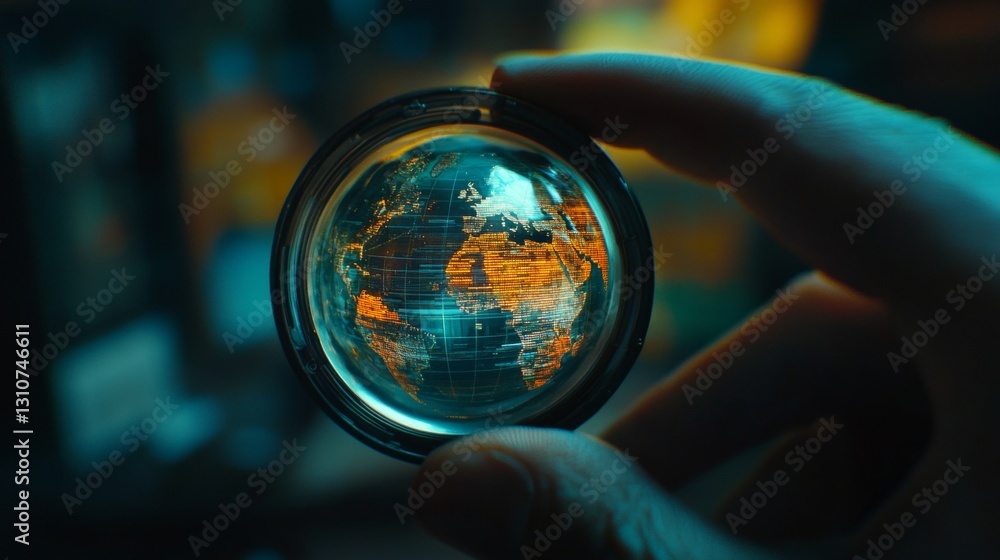 Poster close-up view of a hand holding a transparent lens with a glowing digital world map reflection