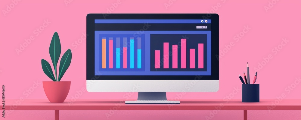Poster analyzing data trends on a desktop computer home office digital visualization modern environment fro