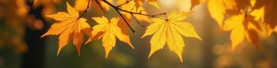 Fototapeta premium Yellow leaves on brown branches of autumn trees, nature, branch