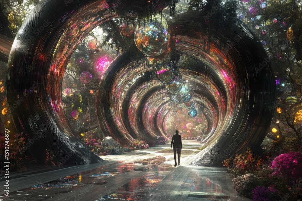 Aufkleber surreal path through luminous orbs in a mystical forest environment