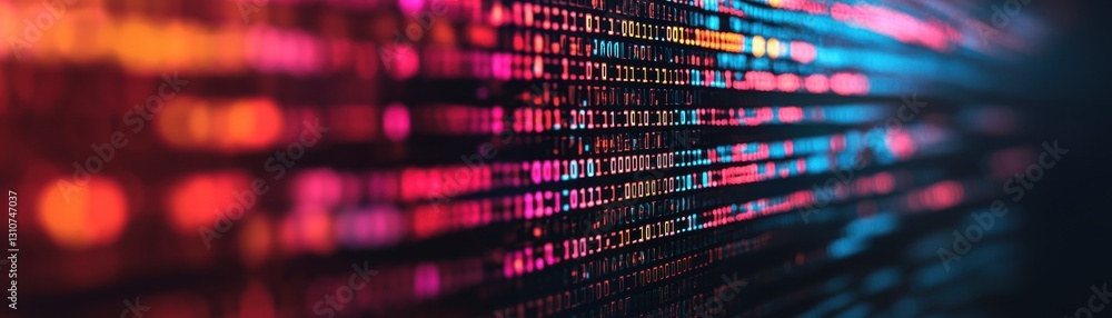 Poster dynamic digital data flow virtual environment abstract art colorful patterns close-up view technolog