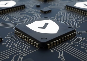 Cyber Security Protecting Data and Systems Illustrated on a Processor. Digital  for computing system on dark blue background, cyber security technology for fraud prevention and privacy data network