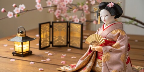 Obraz premium Traditional Japanese doll dressed in kimono with cherry blossoms and lantern on wooden table