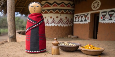 Traditional cultural display showcasing handcrafted items and natural ingredients at a rural location
