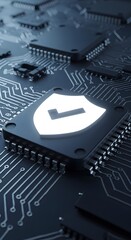 Cyber Security Protecting Data and Systems Illustrated on a Processor. Digital  for computing system on dark blue background, cyber security technology for fraud prevention and privacy data network