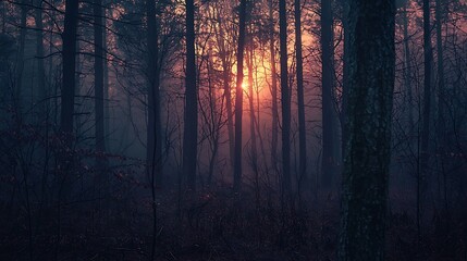 Obraz premium Serene Forest Landscape with Sunlight Filtering Through Misty Trees at Dusk