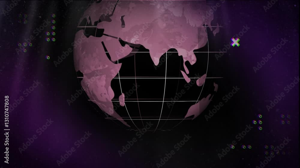 Aufkleber animation of rotating globe with grid lines on purple and black background