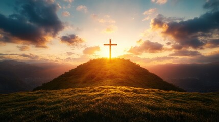 Serene cross on a hilltop surrounded by nature, symbolizing faith and hope against a backdrop of blue sky