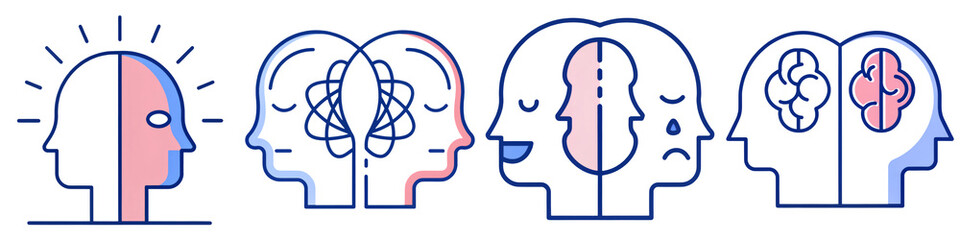 Abstract representations of human heads illustrating various mental processes and connections.