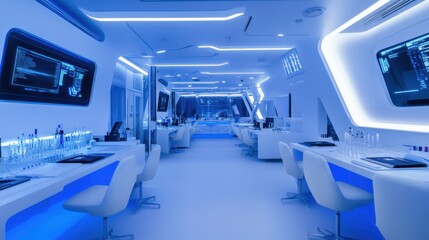 Obraz premium Futuristic Bar Interior Design: Sleek White and Blue Spaceship-like Lounge