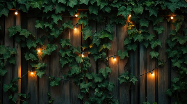 Ivy-covered fence with fairy lights at night