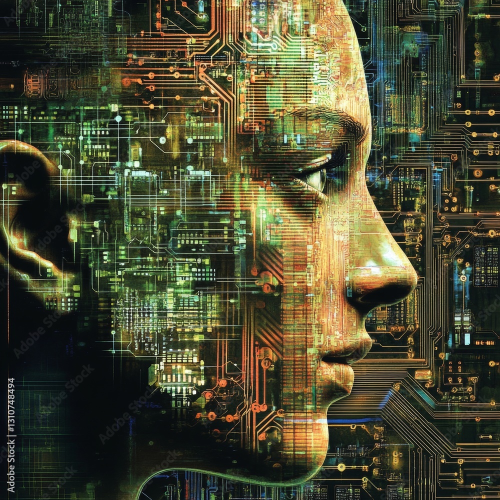 Poster futuristic portrait of a human face merging with digital circuitry in abstract technology design