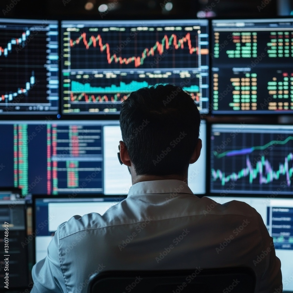 Poster professional trader analyzing financial data on multiple screens in modern workspace