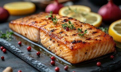 Grilled Salmon, Lemon, Herbs on Slate