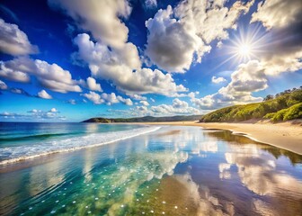 NSW Australia Beach Landscape: Calm Ocean, Blue Sky, Double Exposure Photography
