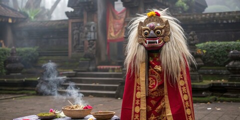 Fototapeta premium Traditional Balinese ceremony featuring a Barong mask performer in a temple courtyard during early morning hours
