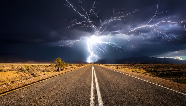 dramatic lightning strike over deserted road amidst stormy skies