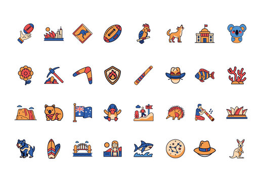 Colorful Australia Nature Culture Tourism Icons Set
